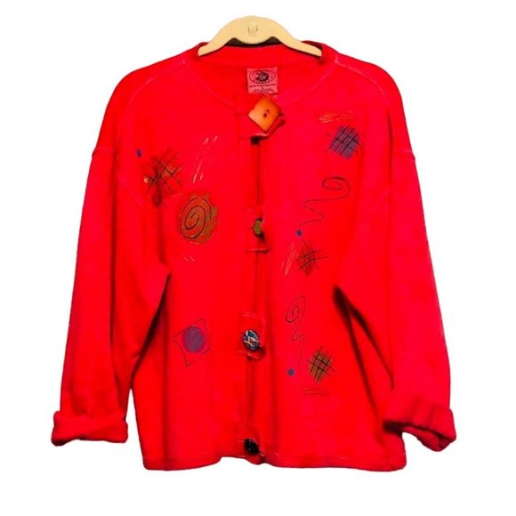 Authentic Pigment Womens Car Coat Red Abstract Hip Length Embellished Buttons L - Picture 1 of 5